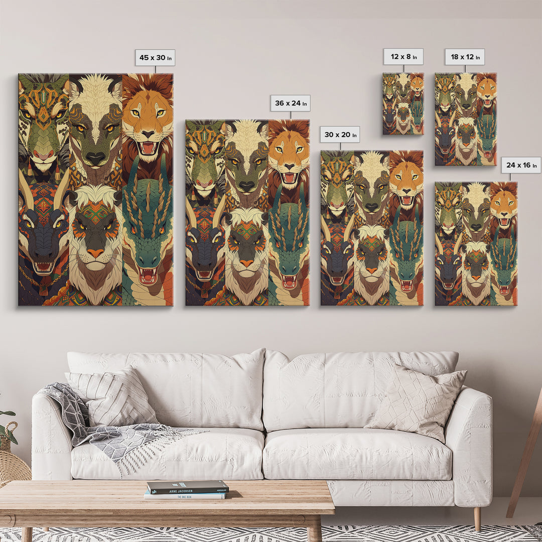 Six Tribal Safari Animal Totems Canvas Print, African Inspired Wall Decor, Lion Elephant Giraffe Dragon, Bold Home Decor