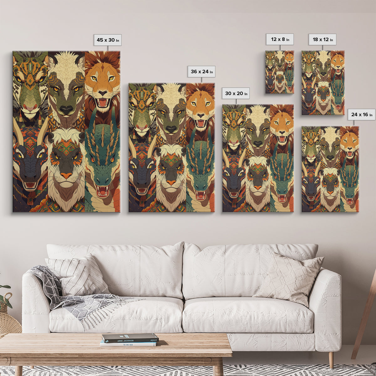 Six Tribal Safari Animal Totems Canvas Print, African Inspired Wall Decor, Lion Elephant Giraffe Dragon, Bold Home Decor