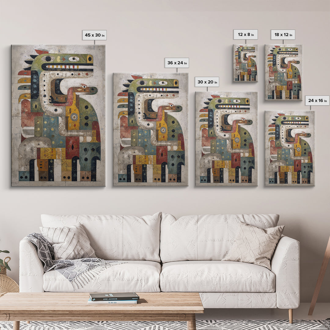 Geometric Tribal Bird Creature Canvas Print, Abstract African Art, Ethnic Wall Decor, Modern Cubism For Boho Home Decor Gift