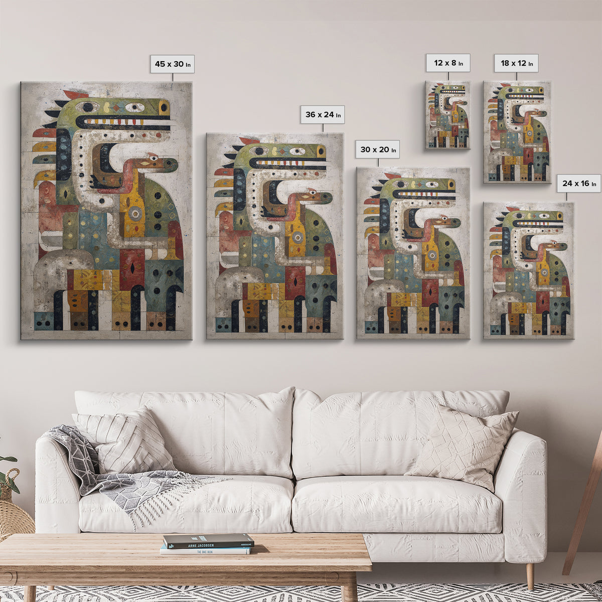 Geometric Tribal Bird Creature Canvas Print, Abstract African Art, Ethnic Wall Decor, Modern Cubism For Boho Home Decor Gift