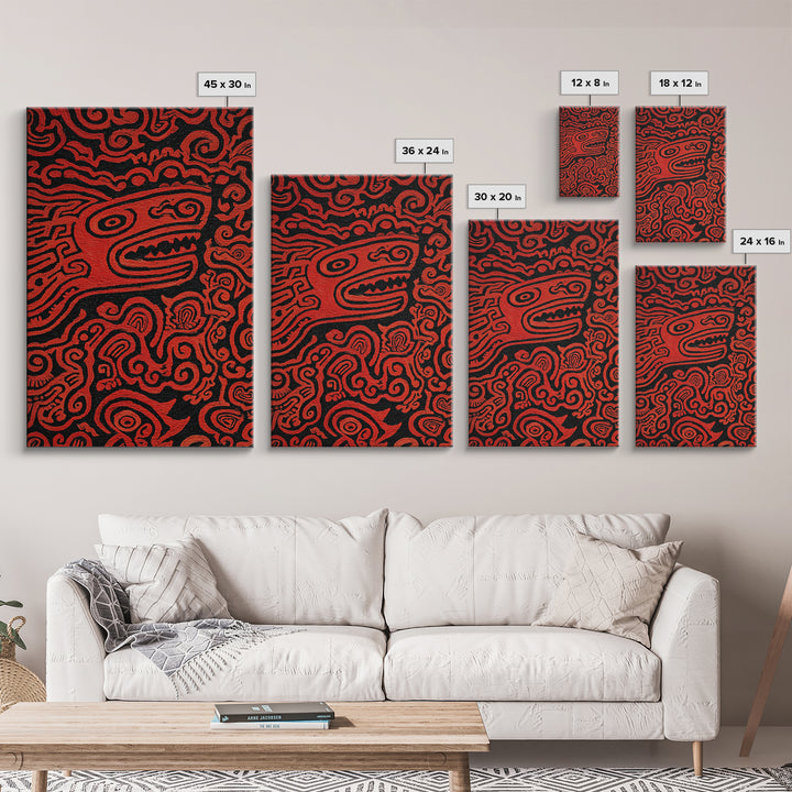 Red Tribal Lizard Pattern Wall Art, African Abstract Textile Art, Bold Ethnic Decor, Modern Black And Red Canvas Design Gift