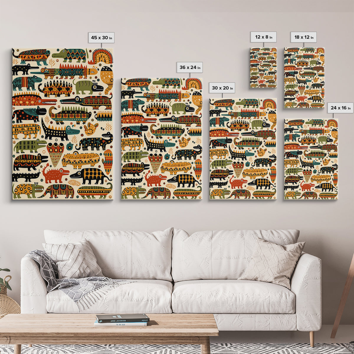Whimsical Crocodile Pattern Canvas Print, Colorful African Animal Art, Kids Room Wall Decor, Tribal Safari Nursery Art Gift