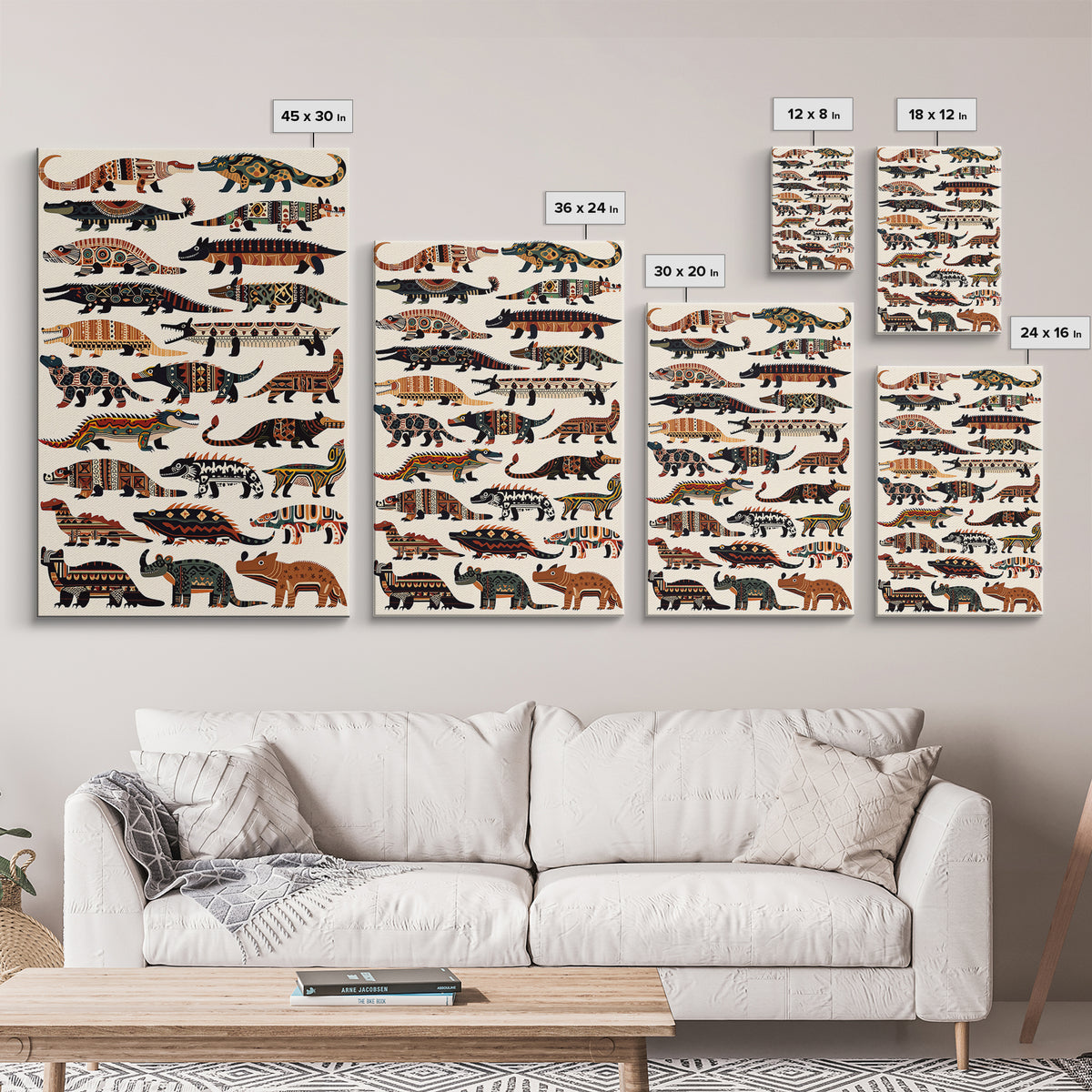 Tribal Crocodile Collection Canvas Print, African Animal Art, Patterned Safari Wall Decor, Boho Kids Room Decor Gift For Him