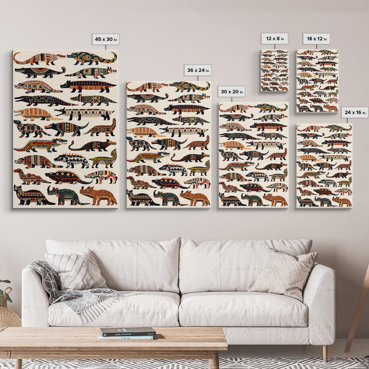 Tribal Crocodile Collection Canvas Print, African Animal Art, Patterned Safari Wall Decor, Boho Kids Room Decor Gift For Him