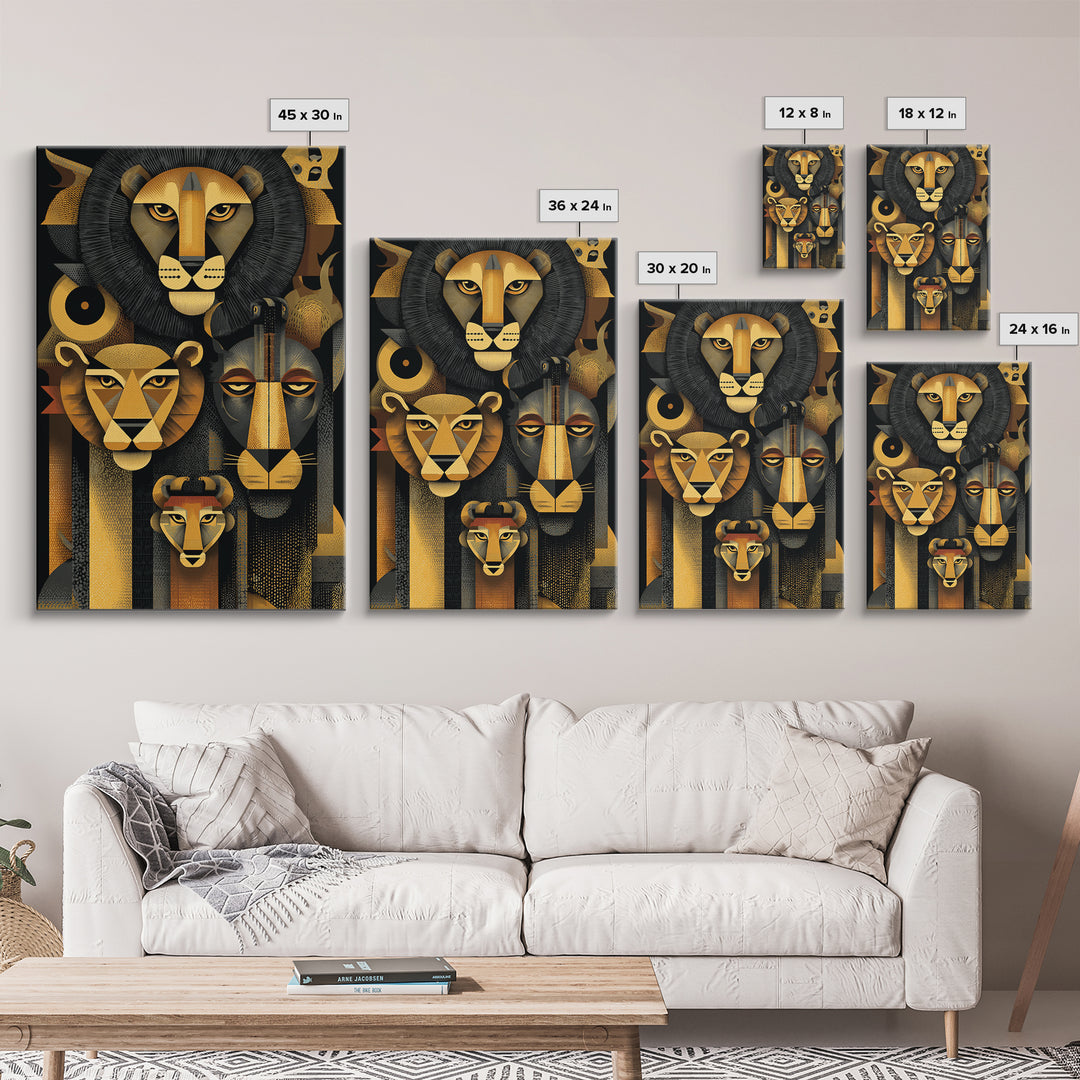 Black And Gold Lion Family Wall Art, Modern African Safari Art, Geometric Animal Portrait, Luxury Canvas Living Room Decor