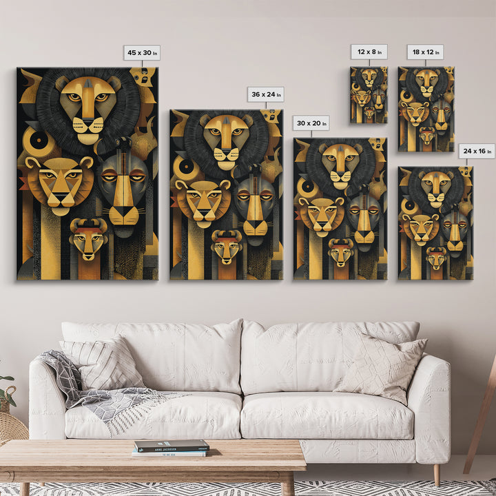 Black And Gold Lion Family Wall Art, Modern African Safari Art, Geometric Animal Portrait, Luxury Canvas Living Room Decor