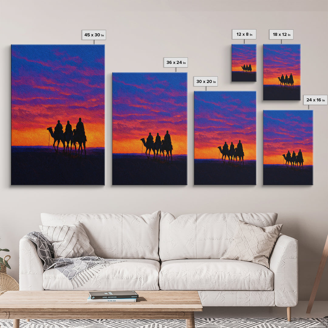 Camel Caravan At Sunset Wall Art, African Landscape Print, Desert Travel Decor, Boho Safari Canvas For Living Room Art Gift