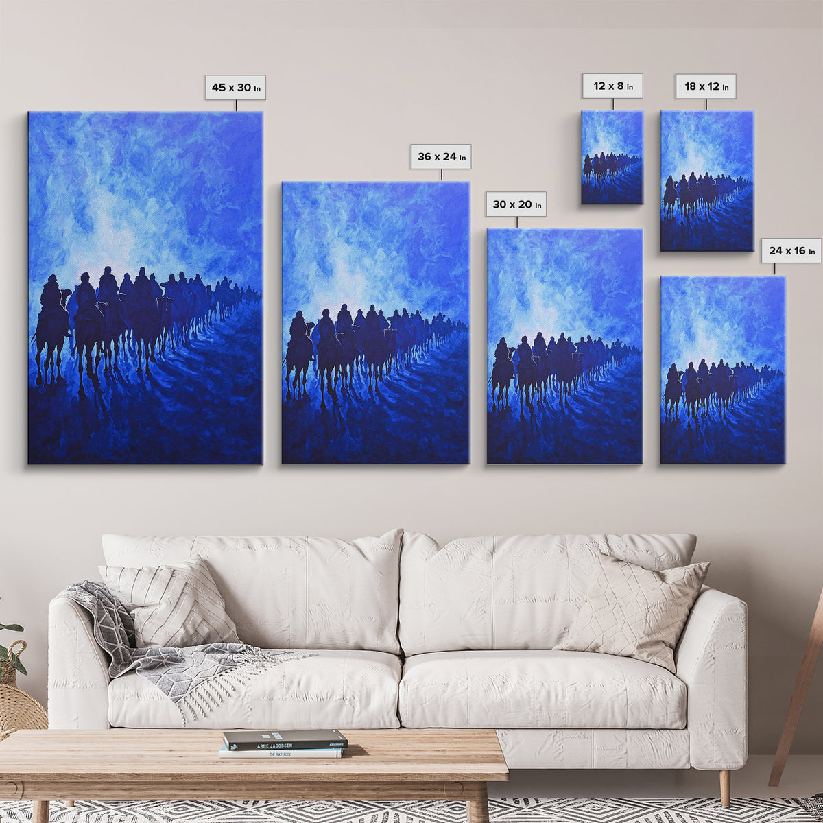 Blue Desert Horse Caravan Canvas Print, African Landscape Art, Sahara Travel Wall Decor, Dreamy Blue Painting For Living Room
