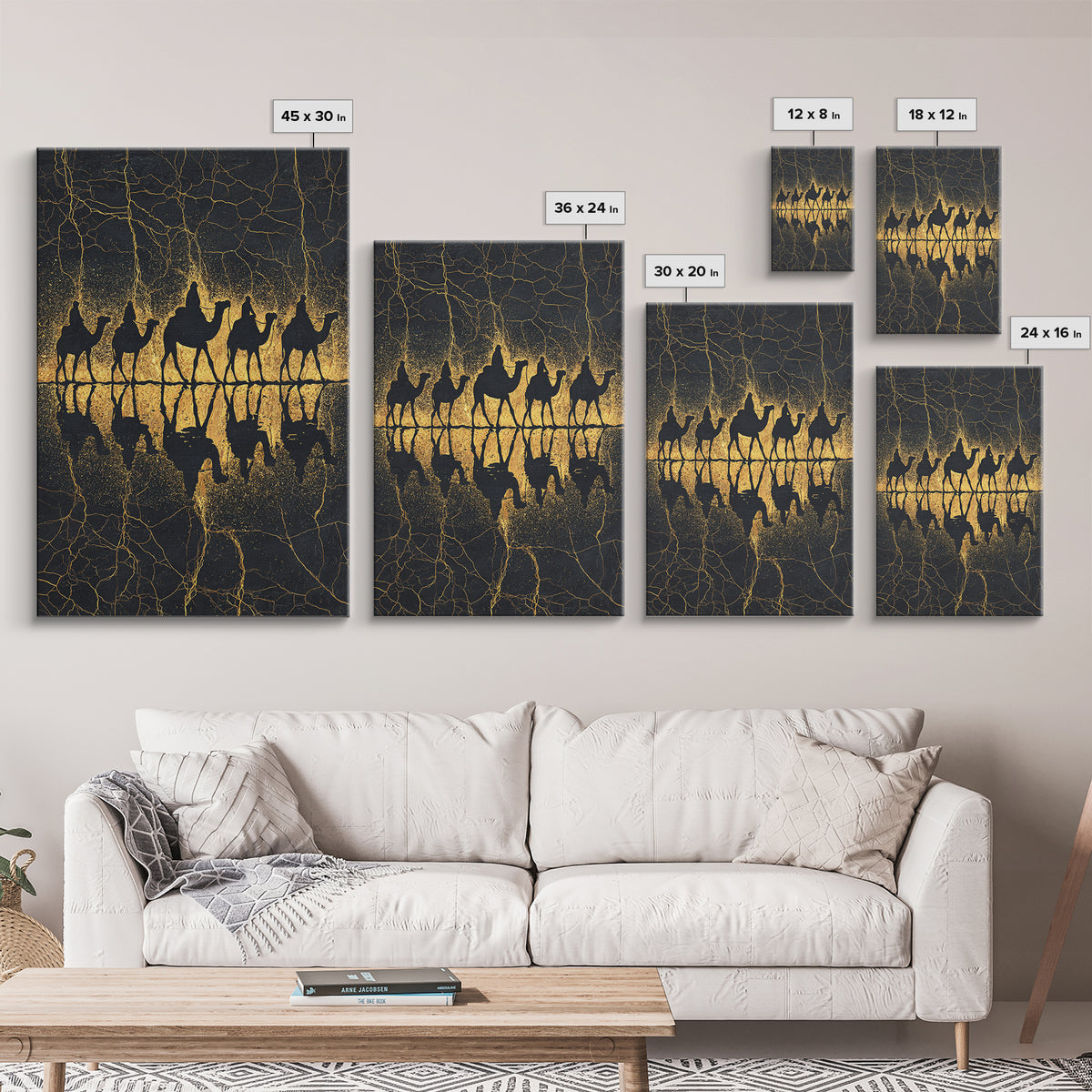 Gold Camel Caravan Reflection Wall Art, African Safari Art Print, Black Gold Desert Decor, Luxury Canvas For Living Room