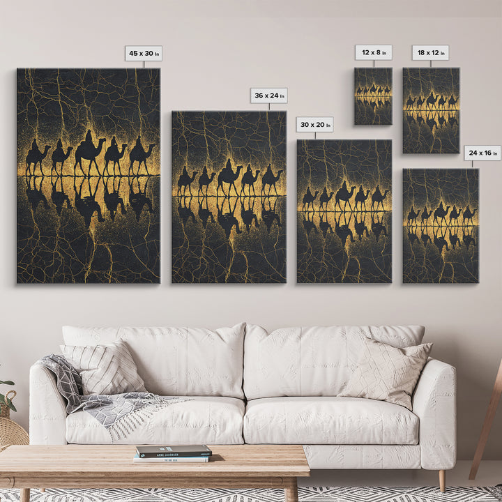 Gold Camel Caravan Reflection Wall Art, African Safari Art Print, Black Gold Desert Decor, Luxury Canvas For Living Room
