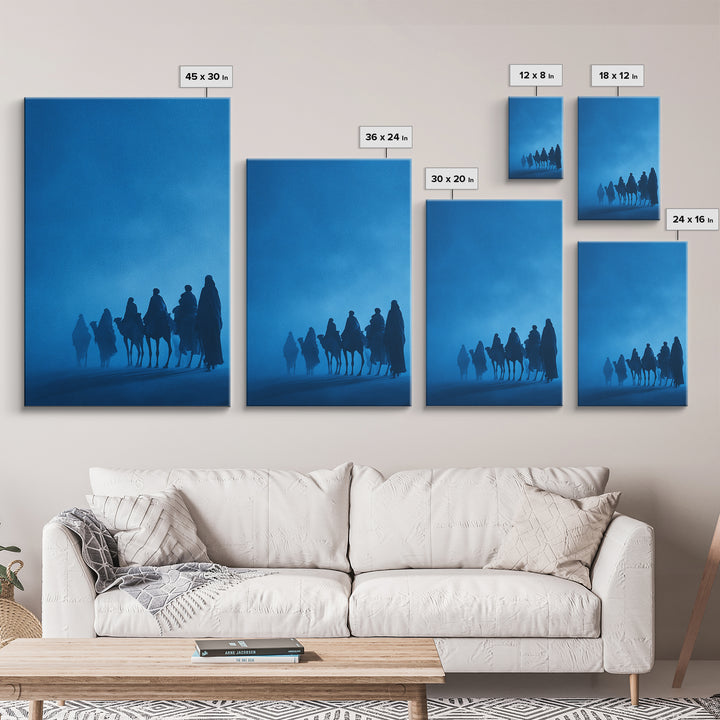 Misty Blue Tuareg Caravan Framed Canvas Print, African Travel Wall Art, Sahara Desert Decor, Boho Bedroom Artwork Gift For Home