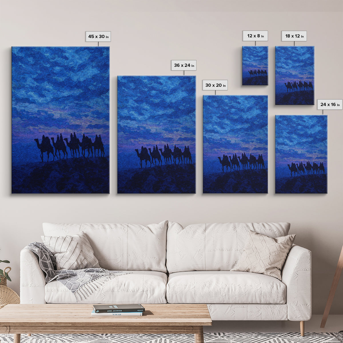 Textured Blue Camel Caravan Wall Art, African Painting Print, Dramatic Desert Sky Decor, Modern Canvas For Office Living Room