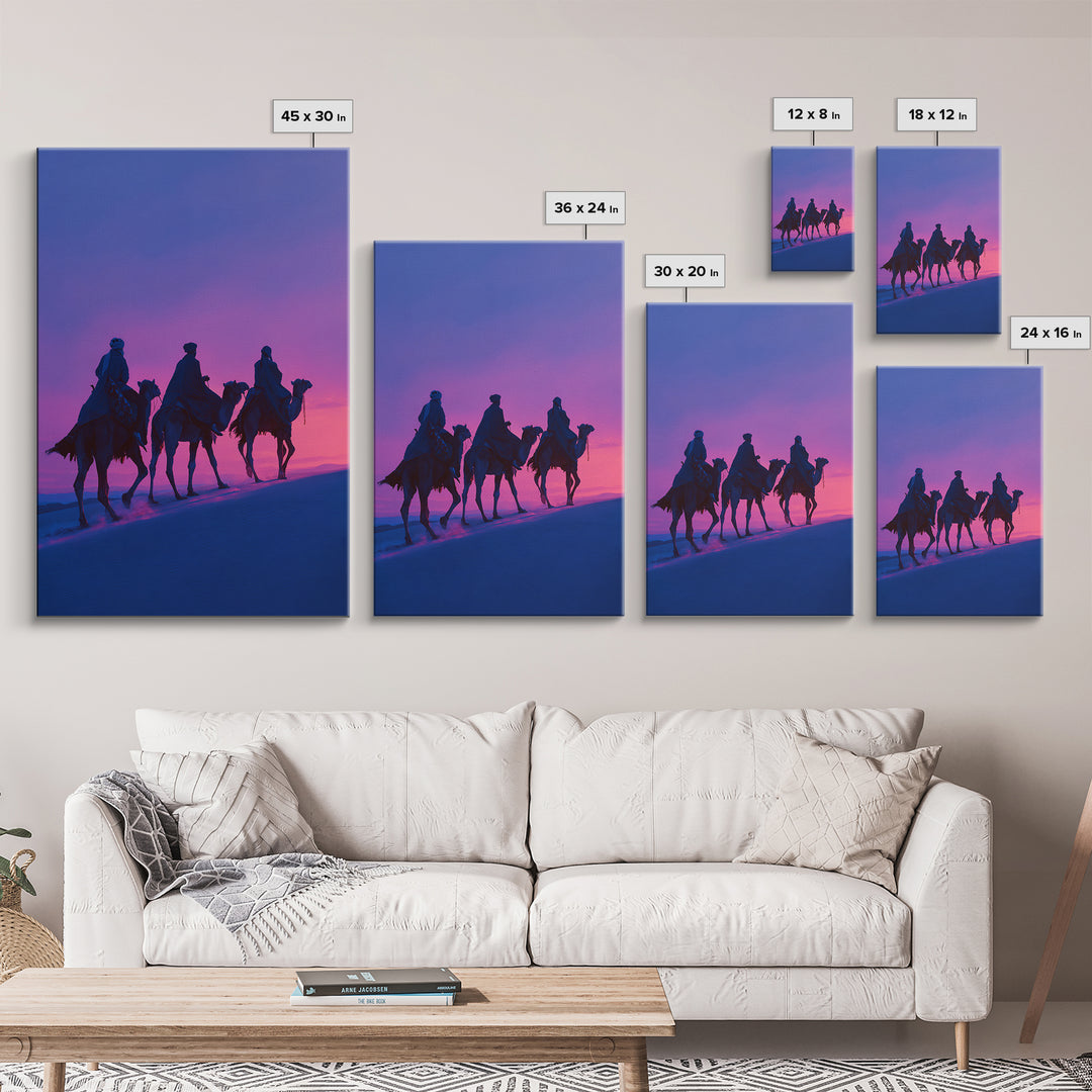Purple Sunset Camel Riders Canvas Print, African Safari Wall Art, Boho Desert Landscape Decor, Dreamy Bedroom Gift For Her