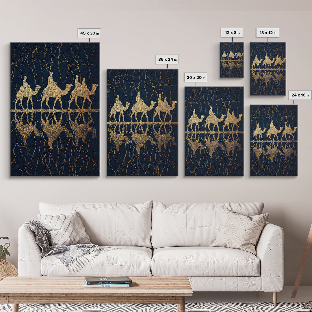 Gold Camel Trio Reflection Framed Canvas Print, African Safari Art, Black Gold Wall Decor, Luxury Desert Statement Piece