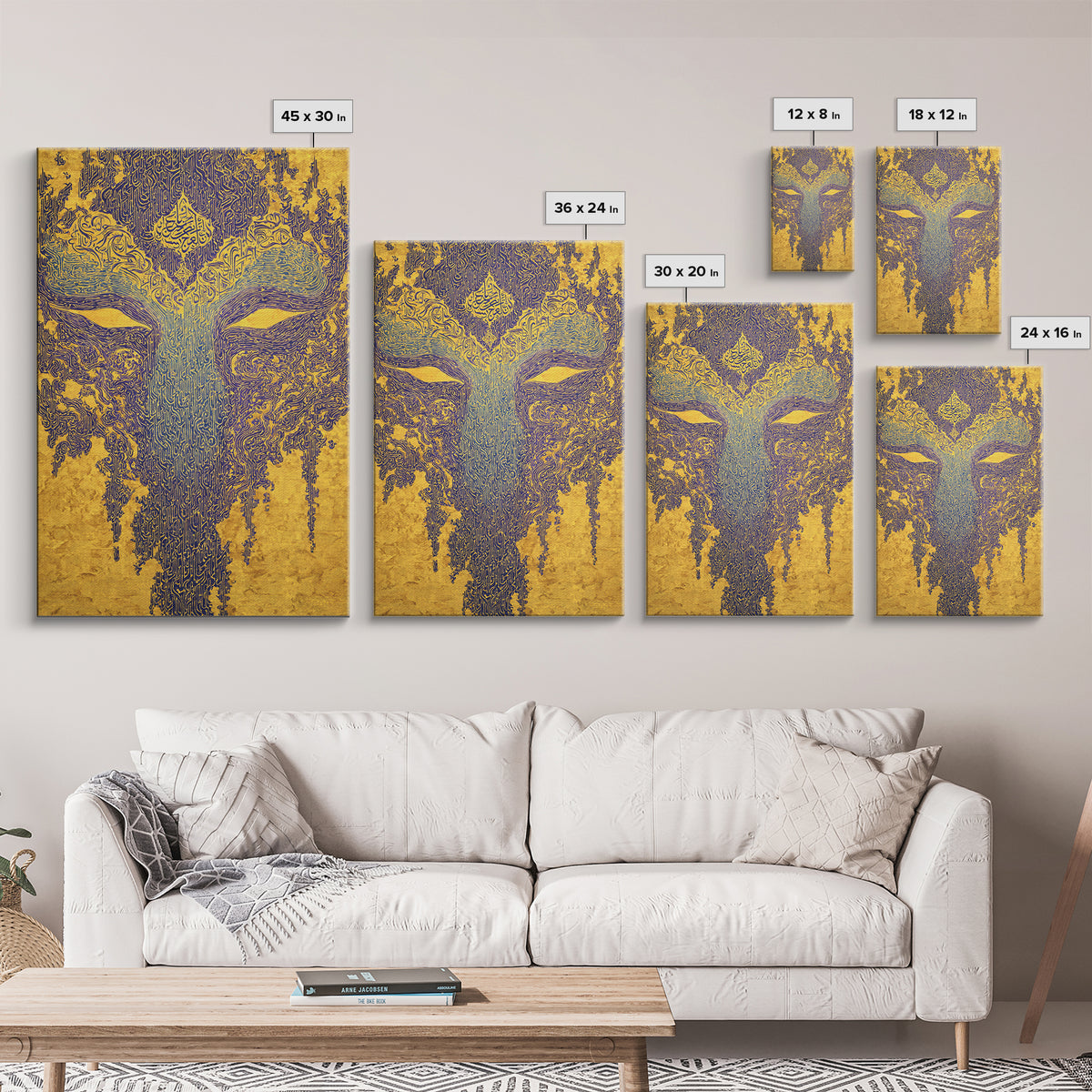 Ornate Blue Gold African Mask Wall Art, Abstract Tribal Art Print, Afrocentric Decor, Luxury Canvas Statement Piece For Home