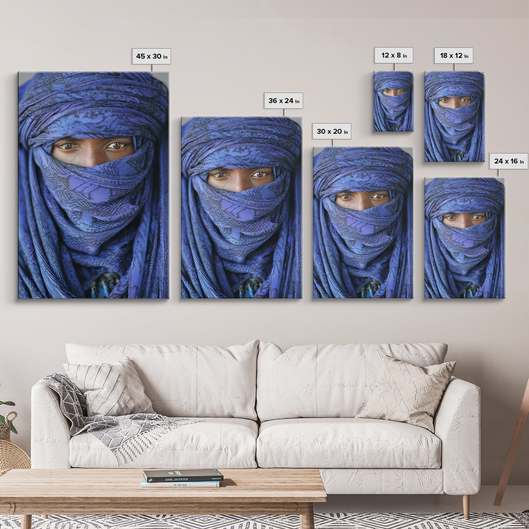 Indigo Tuareg Veiled Eyes Portrait Wall Art, African Wall Art, Blue Desert Nomad Decor, Afrocentric Canvas Print Gift For Home