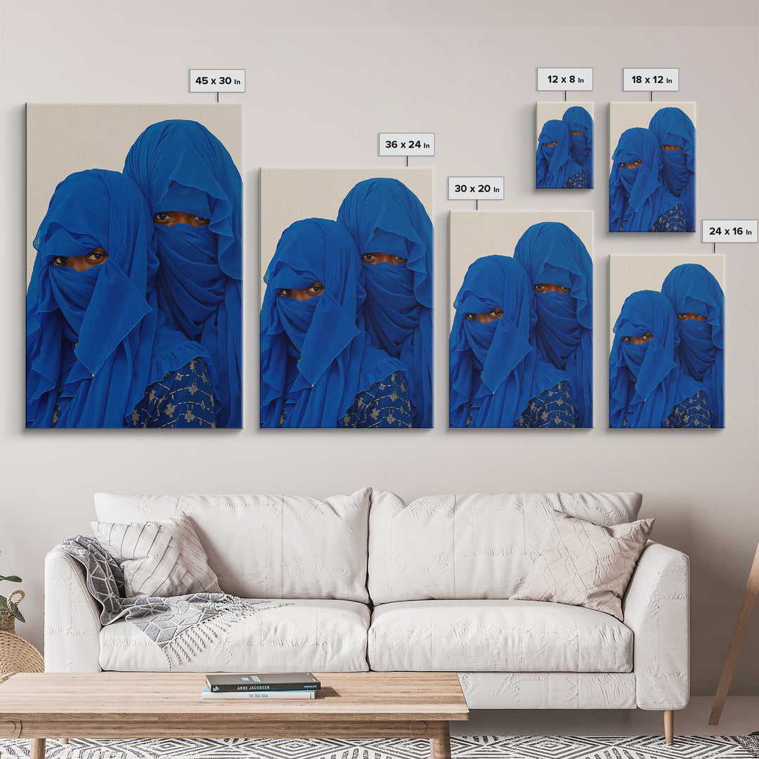 Two Blue Veiled African Women Portrait Wall Art, African Women Art, Afrocentric Decor, Indigo Fashion Canvas Print For Home