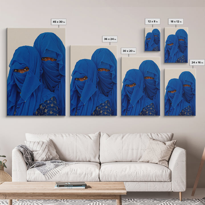 Two Blue Veiled African Women Portrait Wall Art, African Women Art, Afrocentric Decor, Indigo Fashion Canvas Print For Home