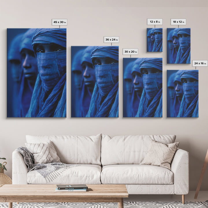 Blue Desert Nomad Figures Canvas Print, African Portrait Wall Art, Tuareg Inspired Indigo Decor, Mystical Afrocentric Gift