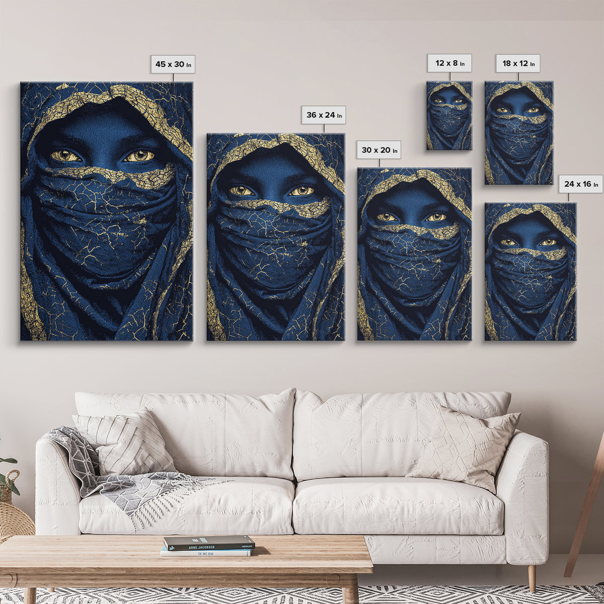 Gold Cracked Indigo Veiled Woman Framed Canvas Print, African Woman Art, Black Goddess Art, Luxury Afrocentric Wall Decor