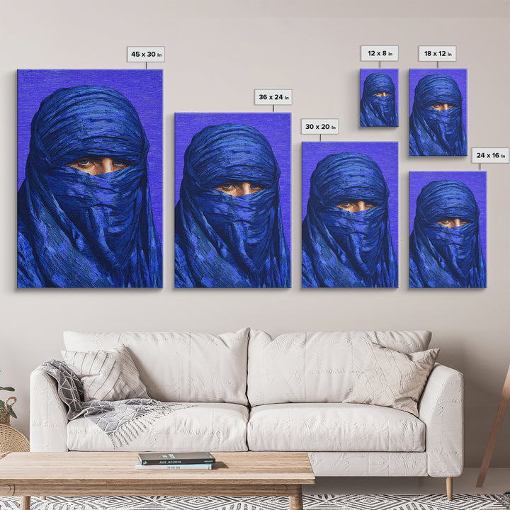 Electric Blue Turban Portrait Wall Art, African Portrait, Indigo Textile Art, Modern Afrocentric Canvas Print Bedroom Decor