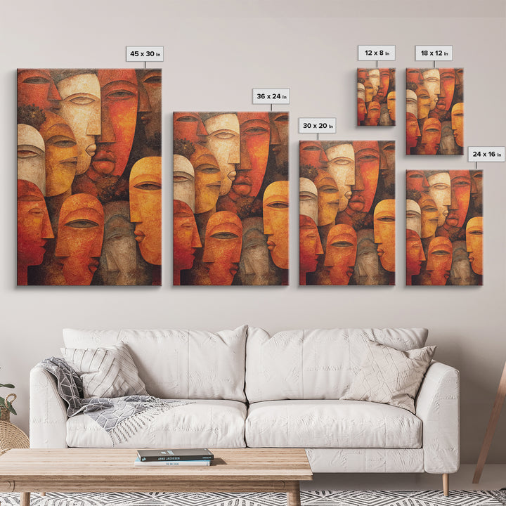 Layered African Mask Faces Wall Art, African Tribal Art, African Mask Art, Terracotta Abstract Canvas Print Cultural Decor