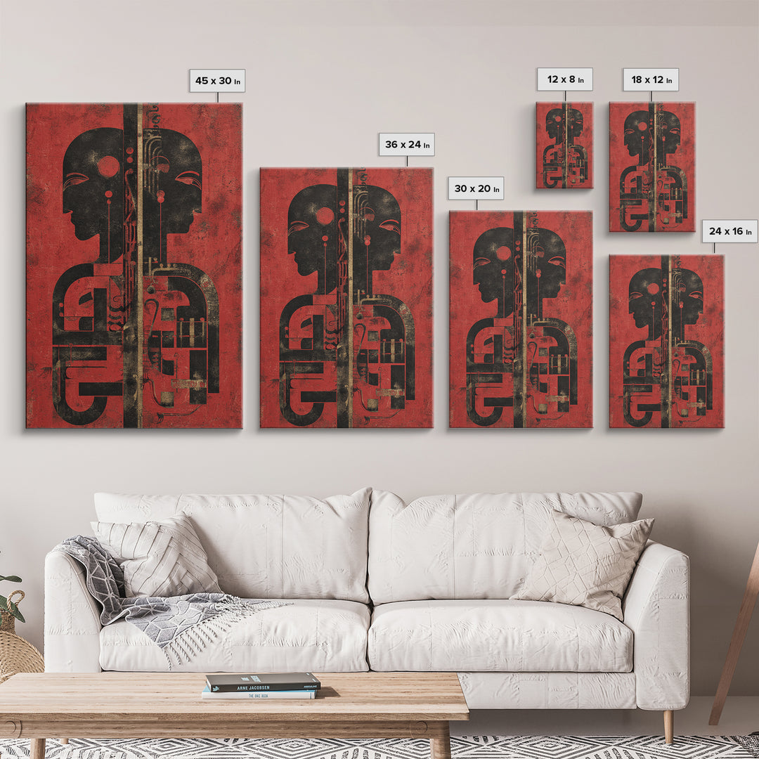 Red And Black Tribal Twin Profiles Wall Art, Abstract African Mask Portrait, Afrocentric Decor, Modern African Art Print