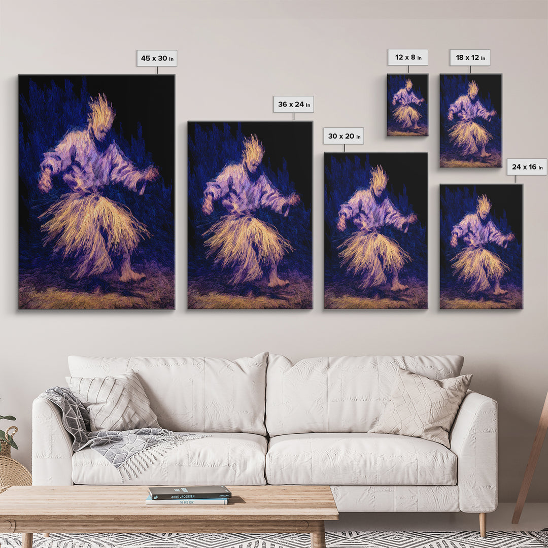 Blue And Gold African Dancer Framed Canvas Print, Ceremonial Movement Portrait, Afrocentric Wall Decor, Cultural Art Gift