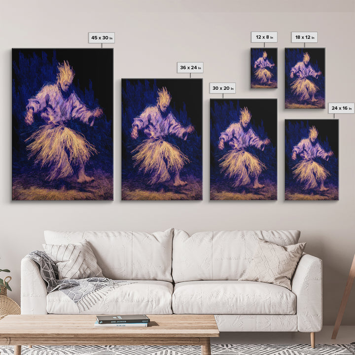 Blue And Gold African Dancer Framed Canvas Print, Ceremonial Movement Portrait, Afrocentric Wall Decor, Cultural Art Gift