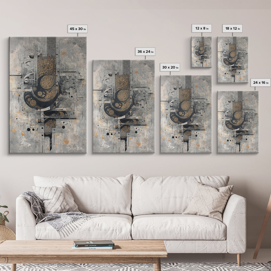 Gold Arabic Calligraphy Abstract On Concrete, Canvas Print, Modern Islamic Wall Decor, Luxury Cultural Art, Gray Black Art