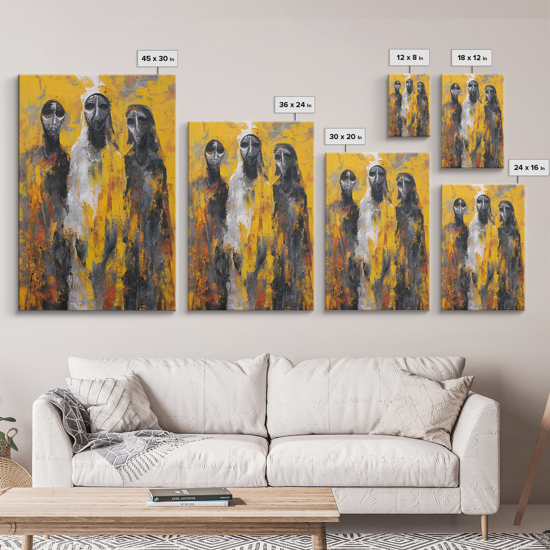 Three Abstract Masked Figures On Yellow Ground, Canvas Print, African Mask Art, Modern Tribal Wall Decor, Bold Portrait Art
