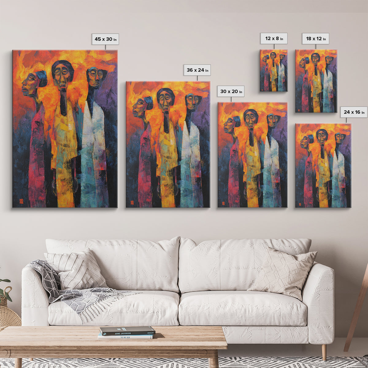 Fiery Three African Figures With Long Faces, Framed Canvas Print, Modern African Art, Black Culture Decor, Statement Wall Art