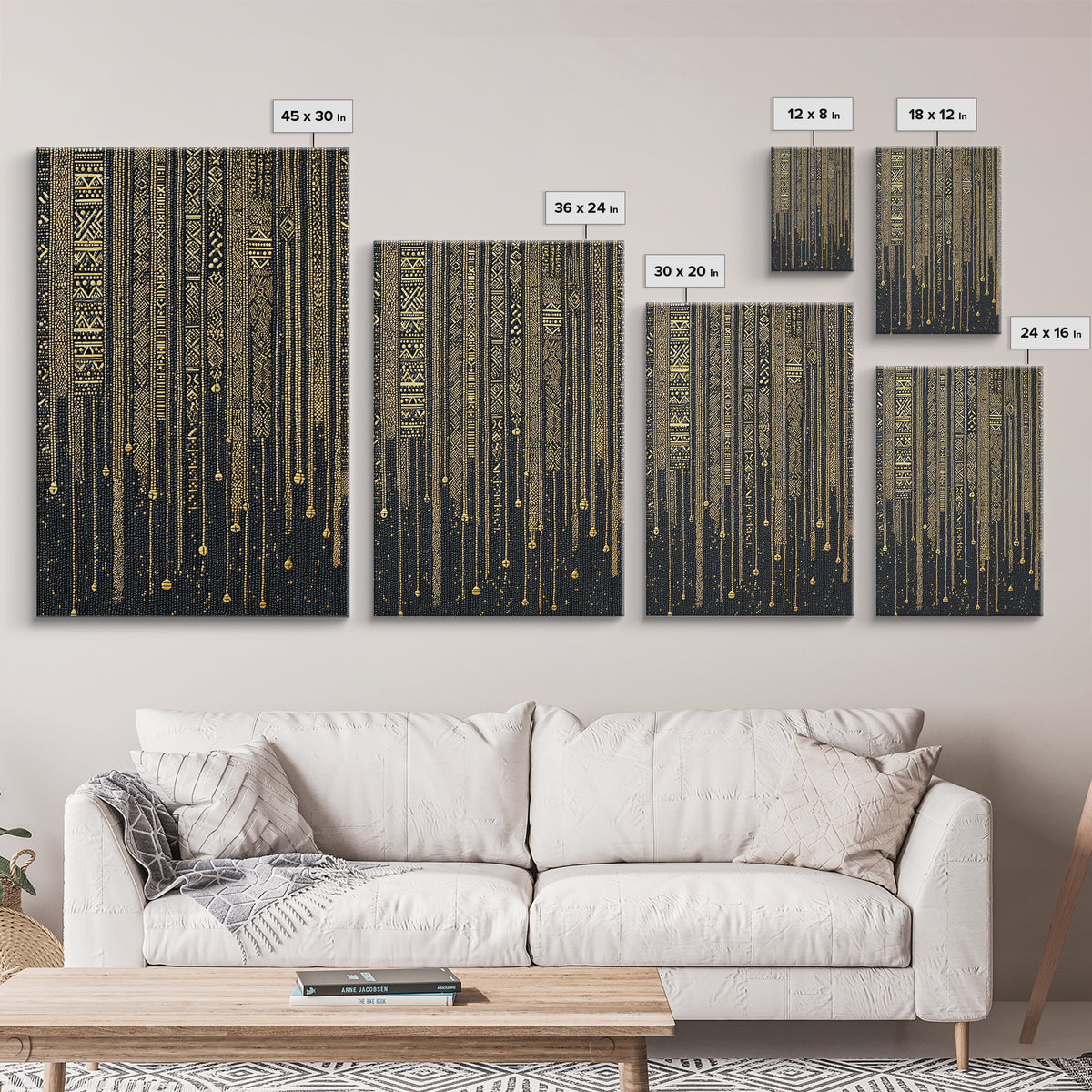 Black Gold Tribal Stripes Wall Art, African Pattern Framed Canvas Print, Elegant Textile Art, Luxury Home Decor Statement Piece