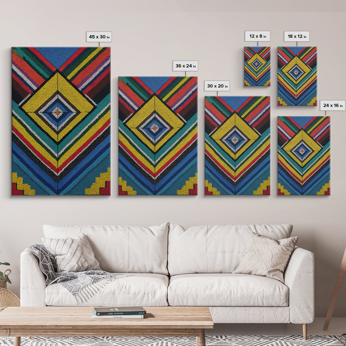 Beaded Diamond Geometric Tribal Wall Art, Colorful African Abstract Canvas Print, Bold Ethnic Pattern Living Room Decor Gift