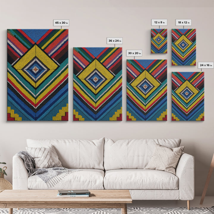 Beaded Diamond Geometric Tribal Wall Art, Colorful African Abstract Canvas Print, Bold Ethnic Pattern Living Room Decor Gift