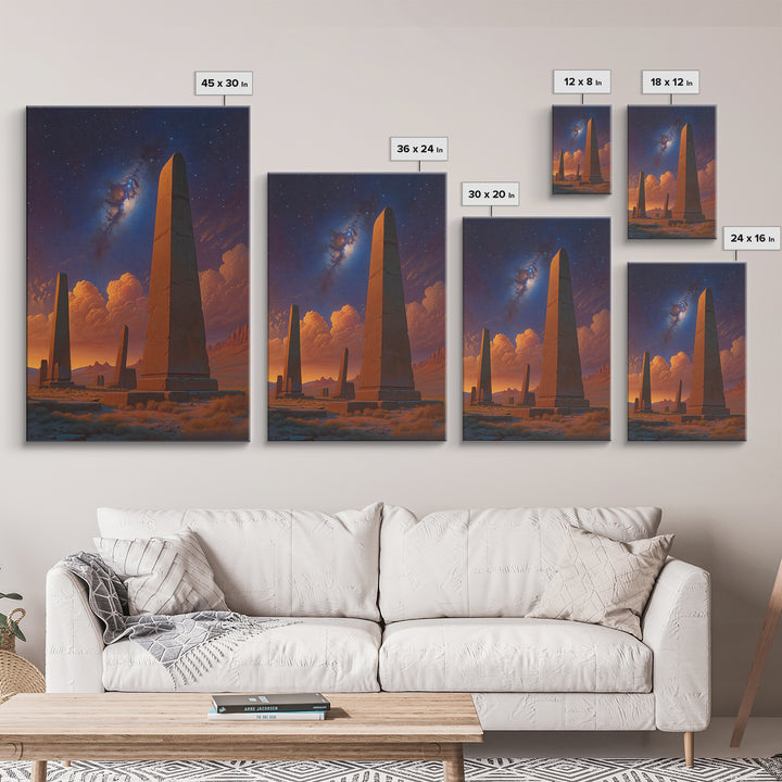 Ancient Desert Obelisks Under Stars Canvas Print, African Egyptian Art, Mystical Landscape Wall Decor, Stargazer Art Gift