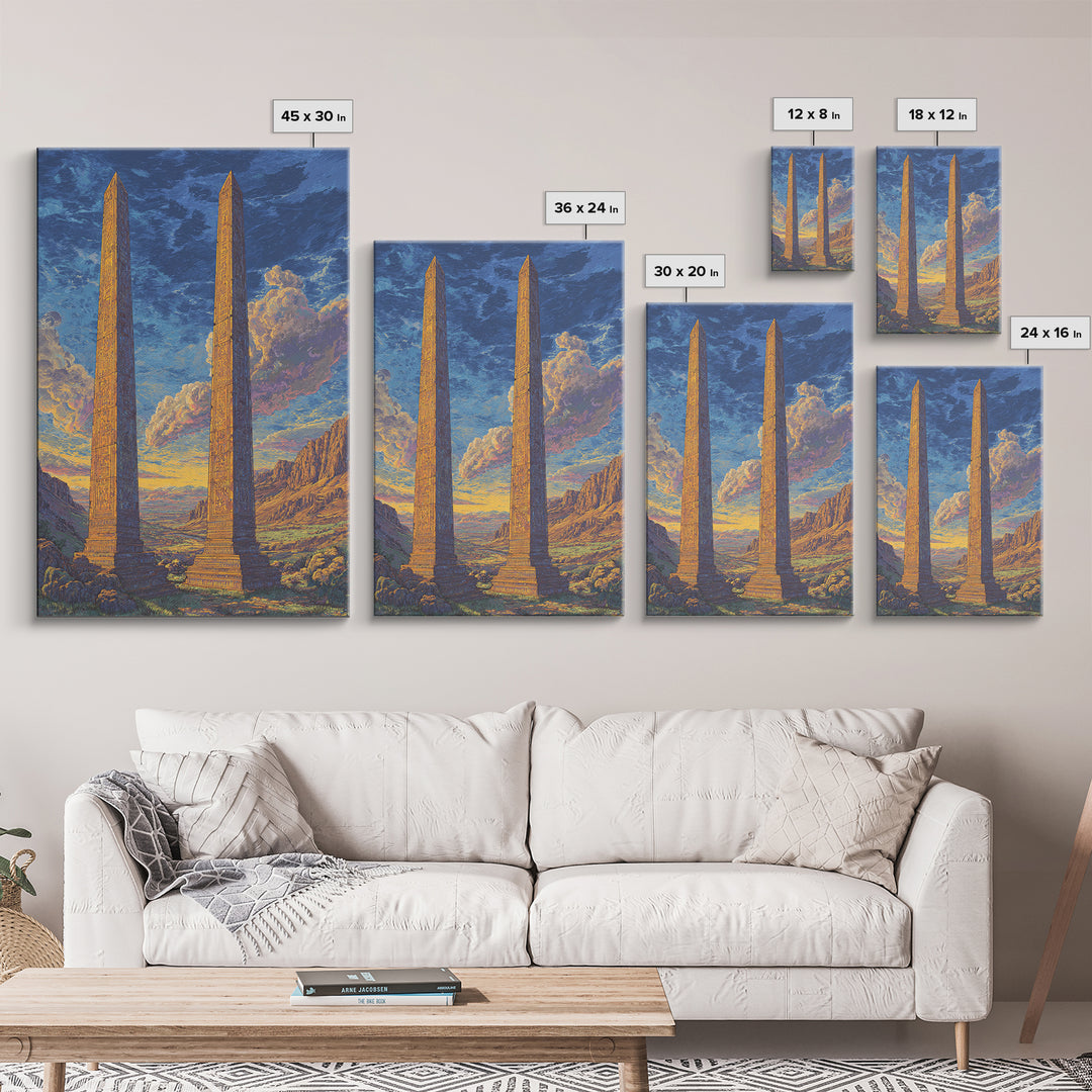 Twin Ancient Obelisks At Sunset Framed Canvas Print, African Egyptian Art, Historic Monument Landscape Wall Decor Gift For Home