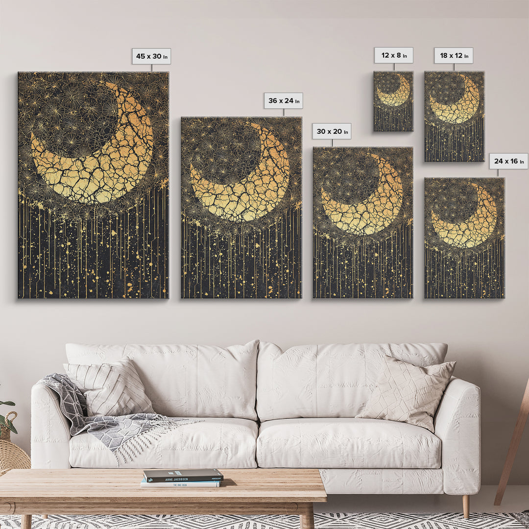 Cracked Gold Crescent Horn Abstract Wall Art, African Inspired Pattern Decor, Black And Gold Canvas Print For Boho Home Decor