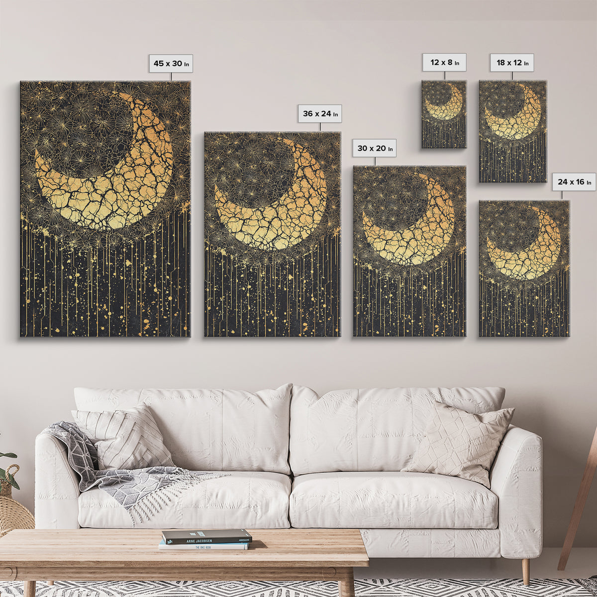 Cracked Gold Crescent Horn Abstract Wall Art, African Inspired Pattern Decor, Black And Gold Canvas Print For Boho Home Decor