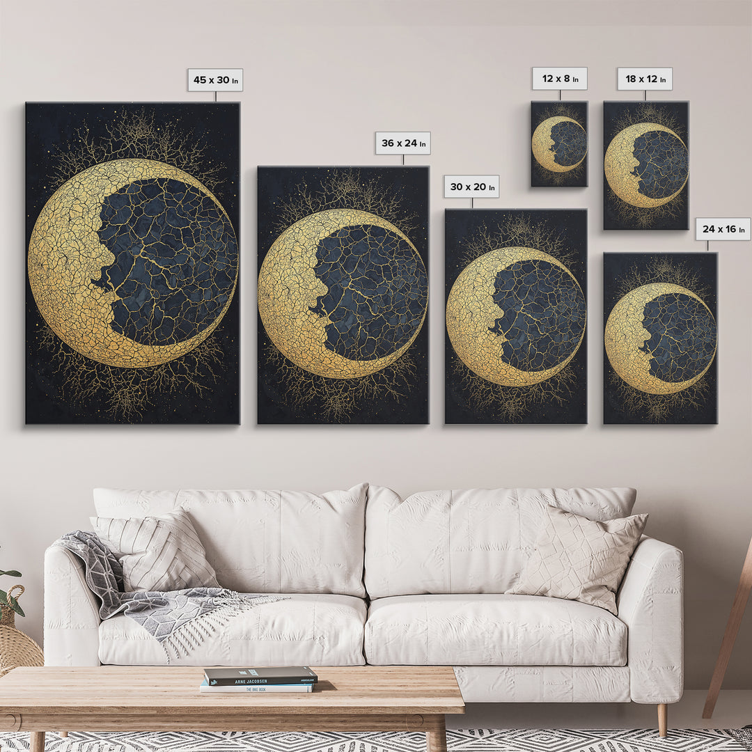 Cracked Gold Crescent Moon Wall Art, Mystical African Inspired Celestial Canvas Print, Black And Gold Spiritual Home Decor