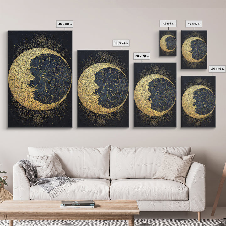 Cracked Gold Crescent Moon Wall Art, Mystical African Inspired Celestial Canvas Print, Black And Gold Spiritual Home Decor