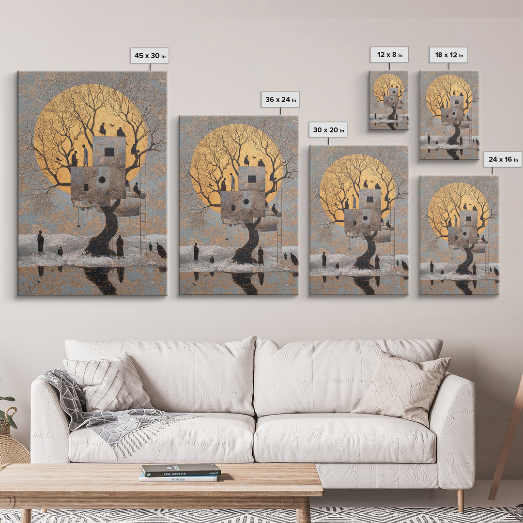 Surreal Moonlit Treehouse In Winter Wall Art, Dreamy Nature Scene Canvas Print, Whimsical Figures And Storybook Decor For Home
