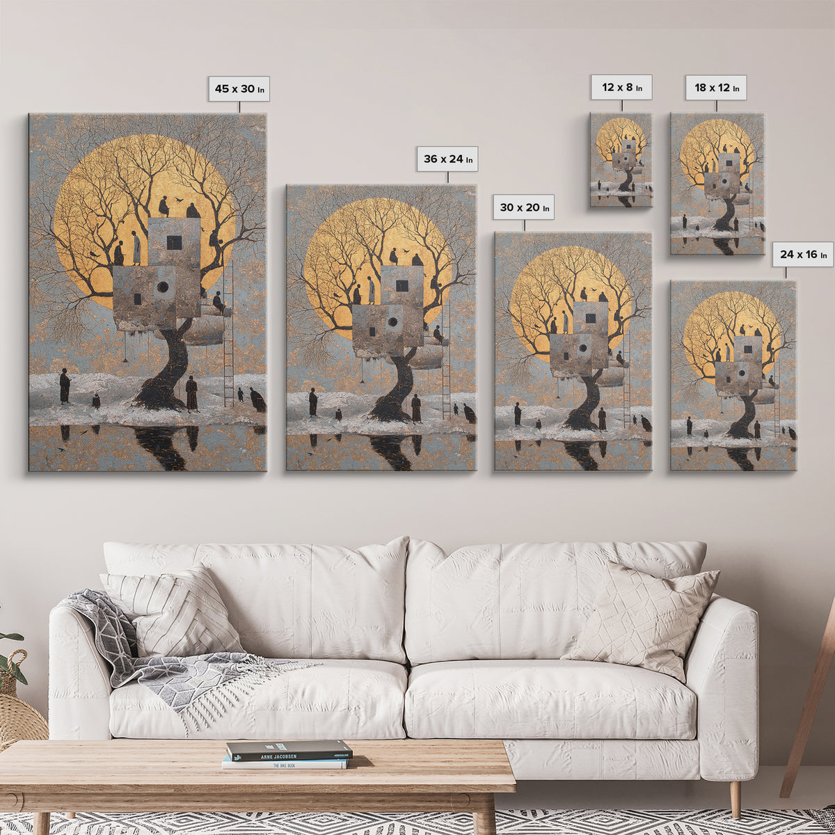 Surreal Moonlit Treehouse In Winter Wall Art, Dreamy Nature Scene Canvas Print, Whimsical Figures And Storybook Decor For Home
