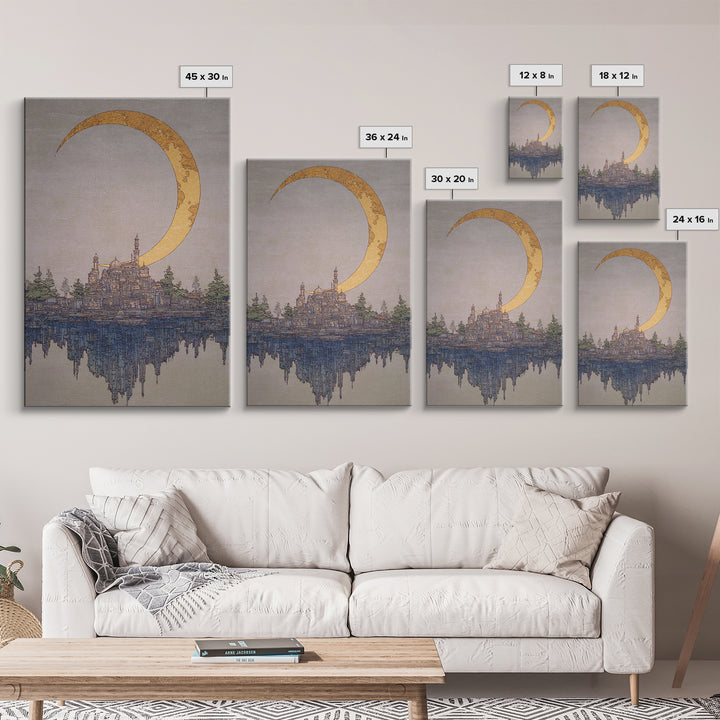 Golden Crescent Moon Over Floating City Wall Art, Dreamy Urban Landscape Canvas Print, Mystical Blue Beige Home Decor For Living Room