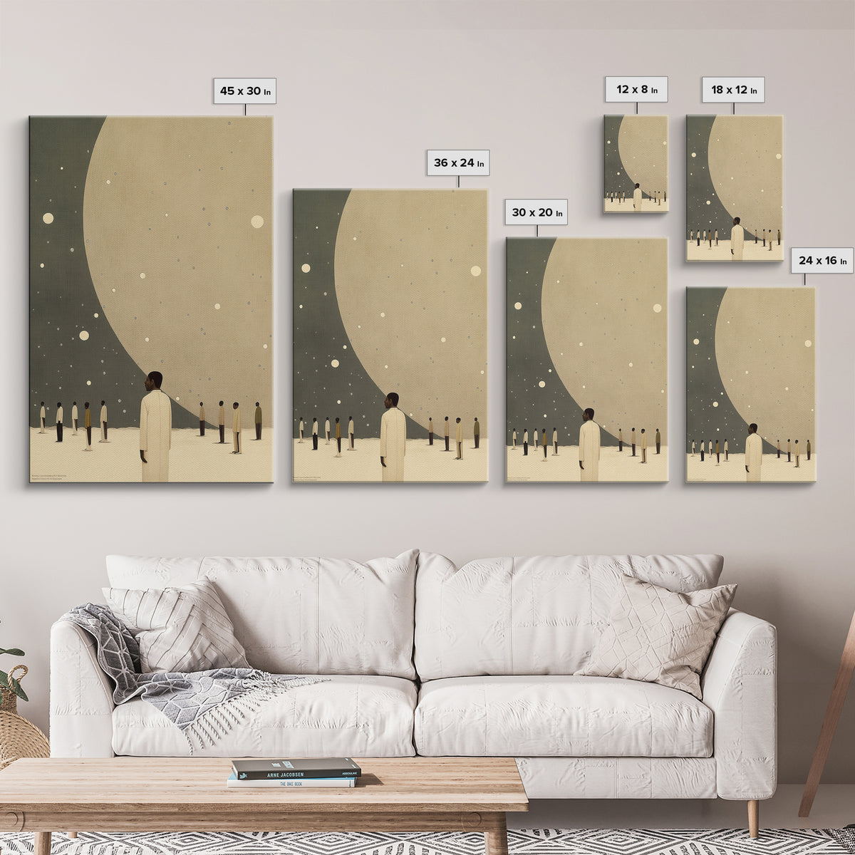 Minimalist Figures Beneath Giant Moon Wall Art, Modern Black Art Canvas Print, Dreamy Celestial Neutral Home Decor For Living Room