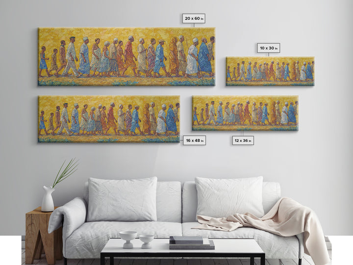 Sunlit African Walking Procession Canvas Print, Yellow Mosaic Cultural Wall Decor, Afrocentric Panoramic Home Art Gift For Living Room