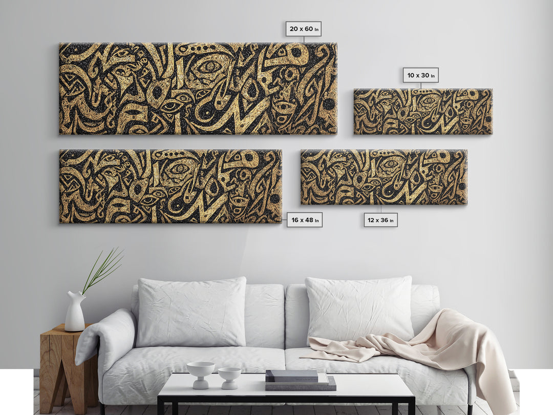 Gold Tribal Faces Abstract Wall Art, African Mask Art, Afrocentric Decor, Black And Gold Design, Bold Cultural Canvas Print