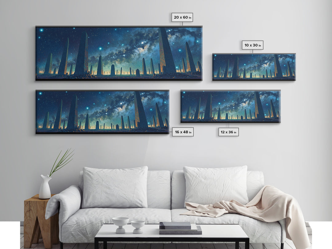 Futuristic Starry Obelisks Wall Art, African Egyptian Art, Cosmic Landscape Canvas Print, Mystical Blue Night Sky Office Decor