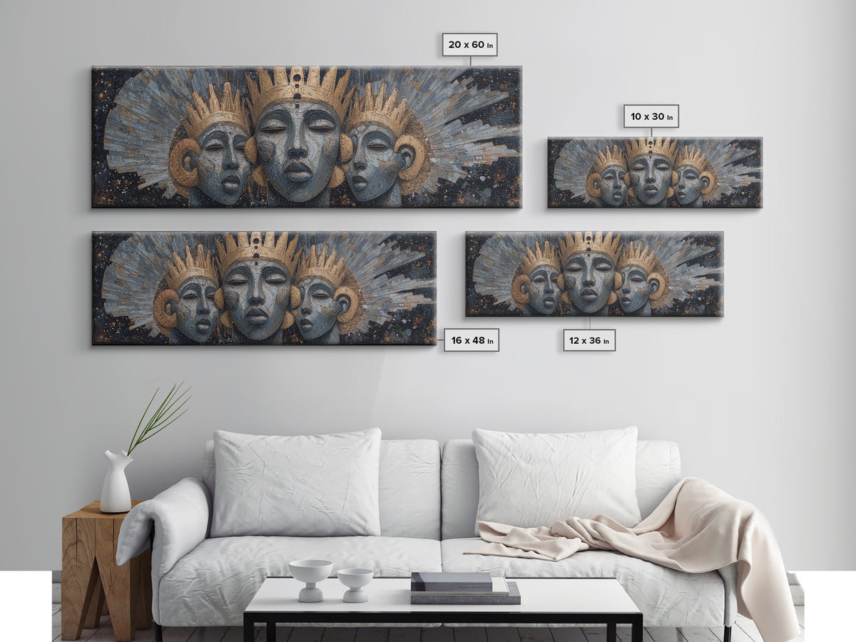 Regal Three African Goddess Faces Framed Canvas Print, African Women Art, Black Goddess Art, Gold Jewelry Canvas, Wall Decor