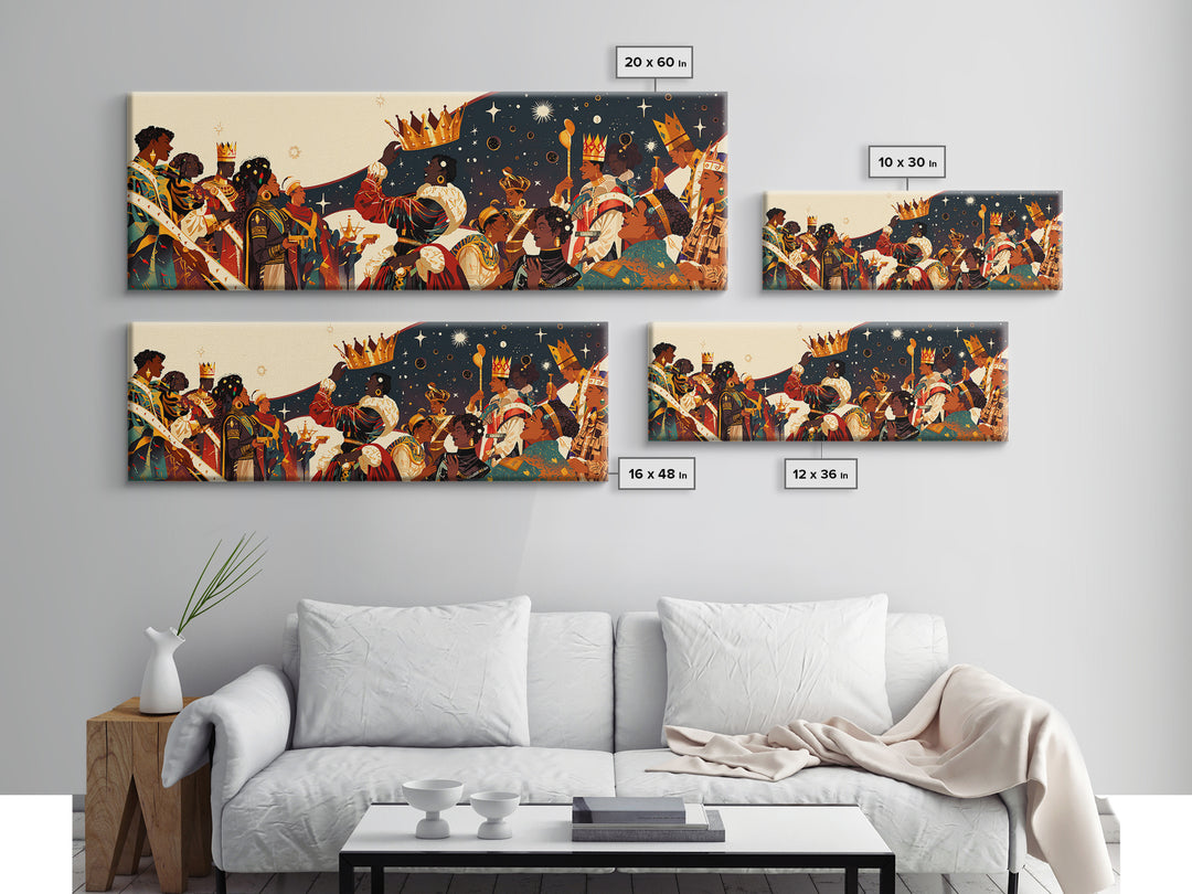 Royal African Celebration Under Stars Wall Art, Afrocentric Crown Ceremony, Black Culture Art, Panoramic Living Room Decor